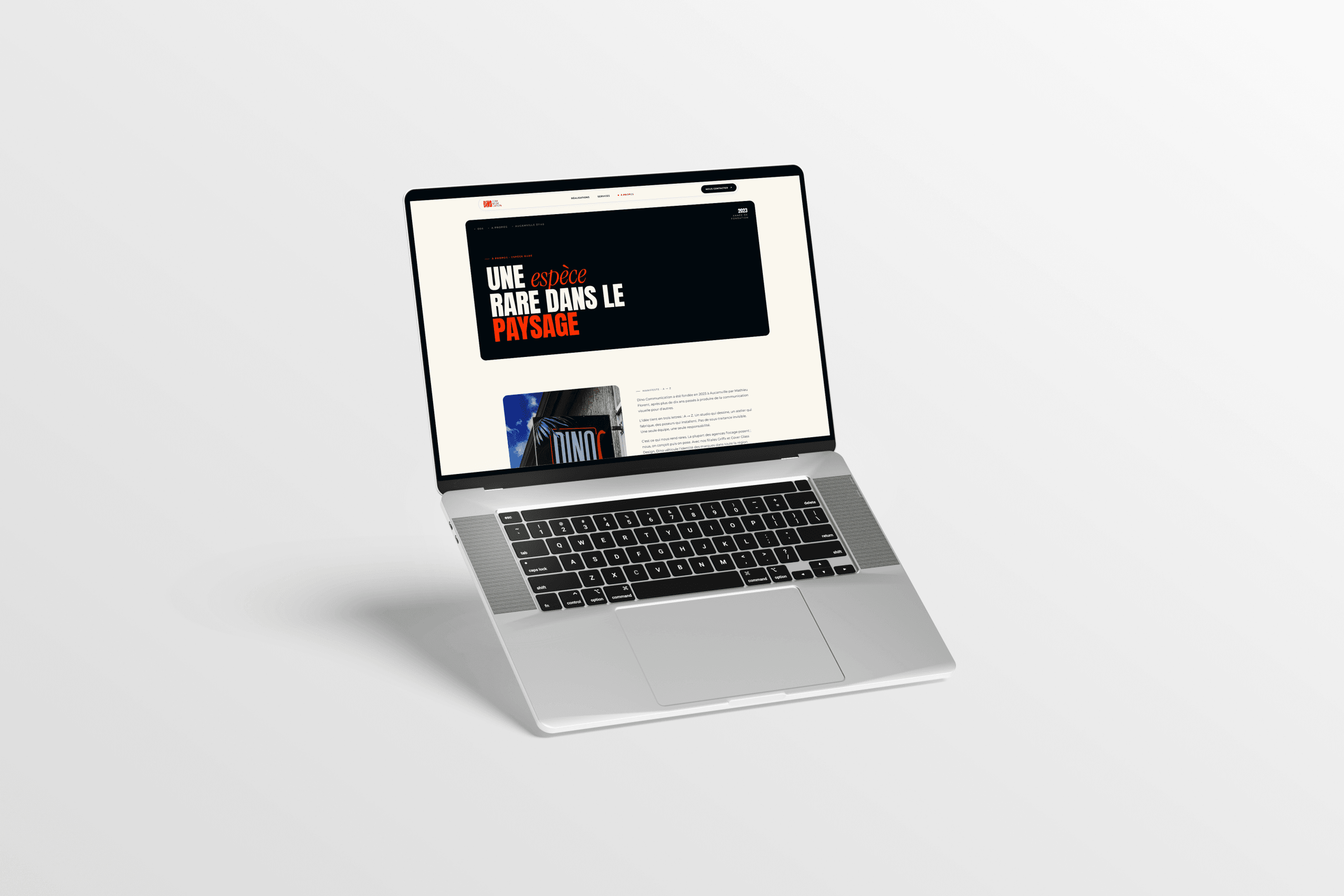 Page à propos du site Dino Communication sur un portable : l'accroche « Une couleur rare dans le paysage » en blanc et orange sur fond noir.