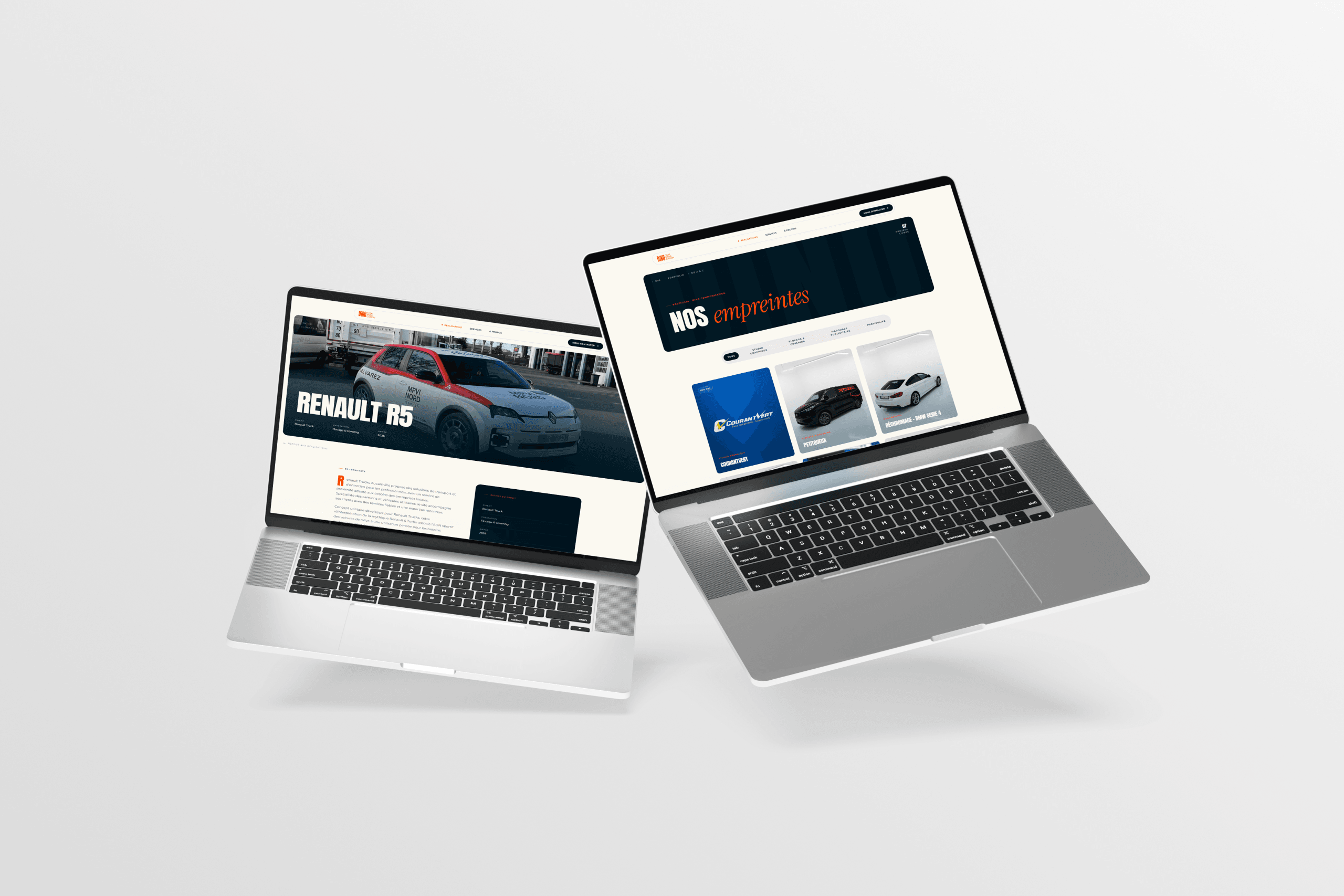 Deux portables affichant le site Dino Communication : une réalisation de covering sur Renault 5, et la galerie « Nos empreintes ».